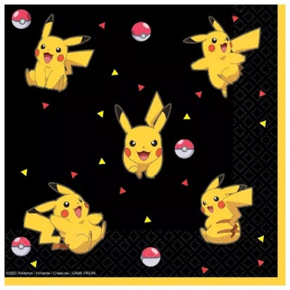 16 Serviettes Noires Pokémon Pikachu 33 x 33 Cm