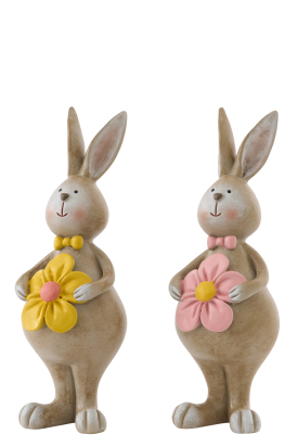 J-Line lapin décoratif debout fleuri jaune 19 cm en polyrésine – décoration intérieure