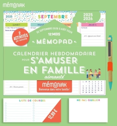 Memoniak Mémopad calendrier hebdomadaire bloc aimanté pour s'amuser en famille. De septembre 2025 à août 2026 Edition 2025 - 2026