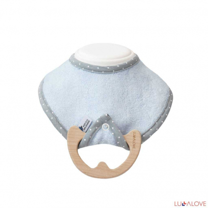 Bleu - Anneau de dentition en bois et son bavoir en bambou - Lullalove