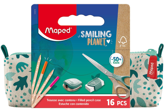 Maped - Trousse Smiling Planet avec Fournitures scolaires - Trousse Scolaire en Tissu + 12 Crayons de couleur FSC + 1 Ciseaux 16cm + 1 Taille-Crayons avec Réserve + 1 Gomme Blanche