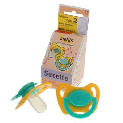 Sucettes - tétines en caoutchouc par lot de 2 Taille 1 avec anneaux - Mollis