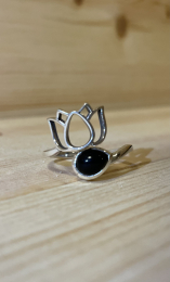 Bague obsidienne noire AA argent 925 réglabe lotus